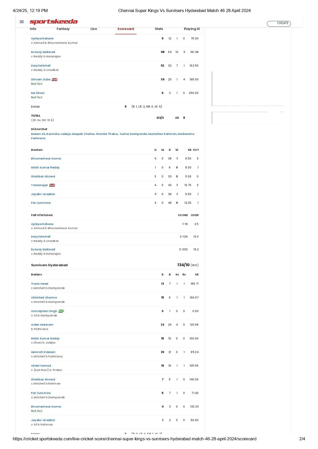 CSK vs SRH IPL 2024 scorecard.